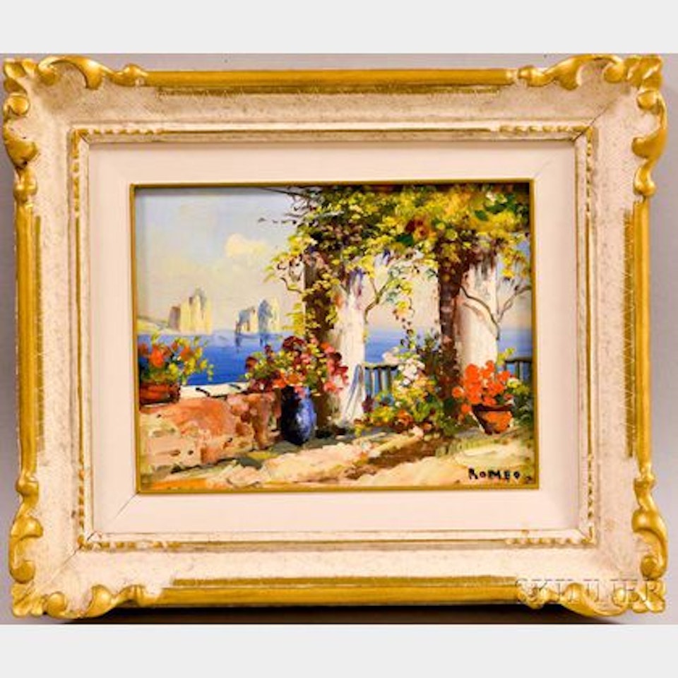 Terrace with Flowers and Ocean View. by Italian School