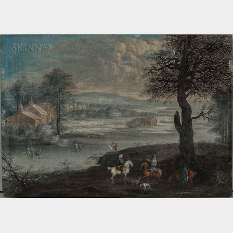 Winter Scene with Foreground Hunters and Figures Playing on the Ice by Dutch School