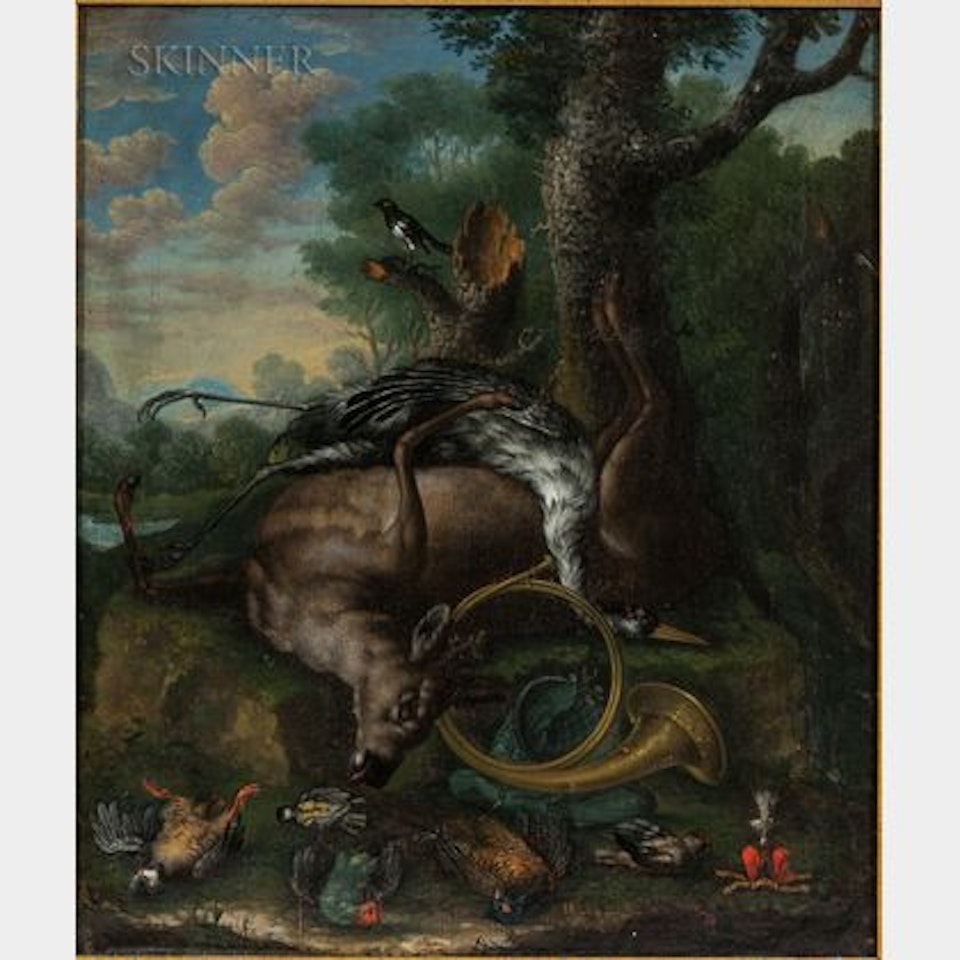 Still Life with Game and Horn in a Landscape by Continental School