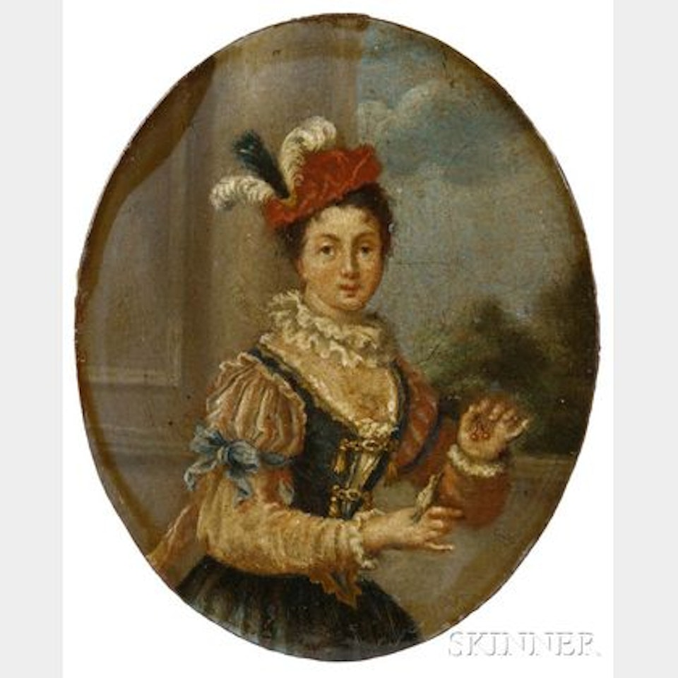 Woman Feeding Cherries to a Bird by French School