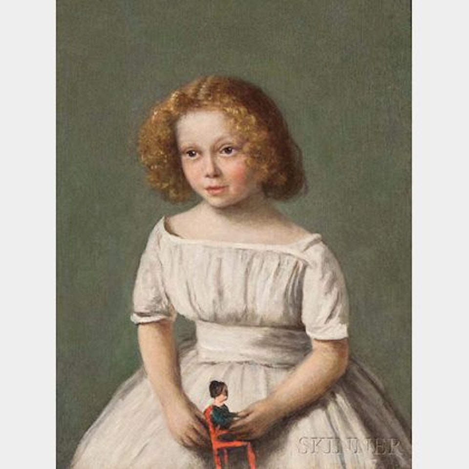 Portrait de Madame Langeron à 4 ans, en robe blanche, tenant un jouet de ses deux mains by Jean Baptiste Camille Corot