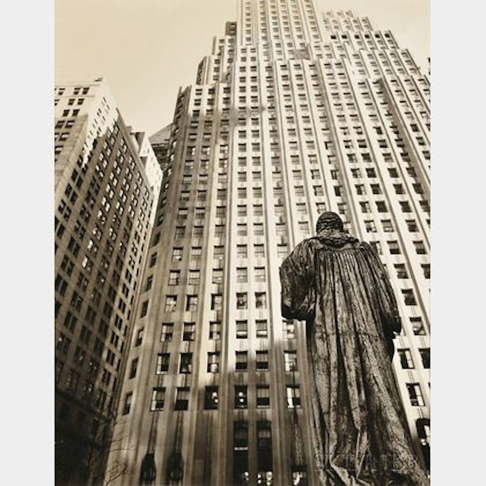 John Watts Statue from Trinity Churchyard Looking Toward One Wall Street, Manhattan by Berenice Abbott