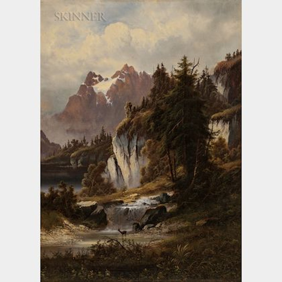 Alpine Landscape with Deer by a River by Continental School