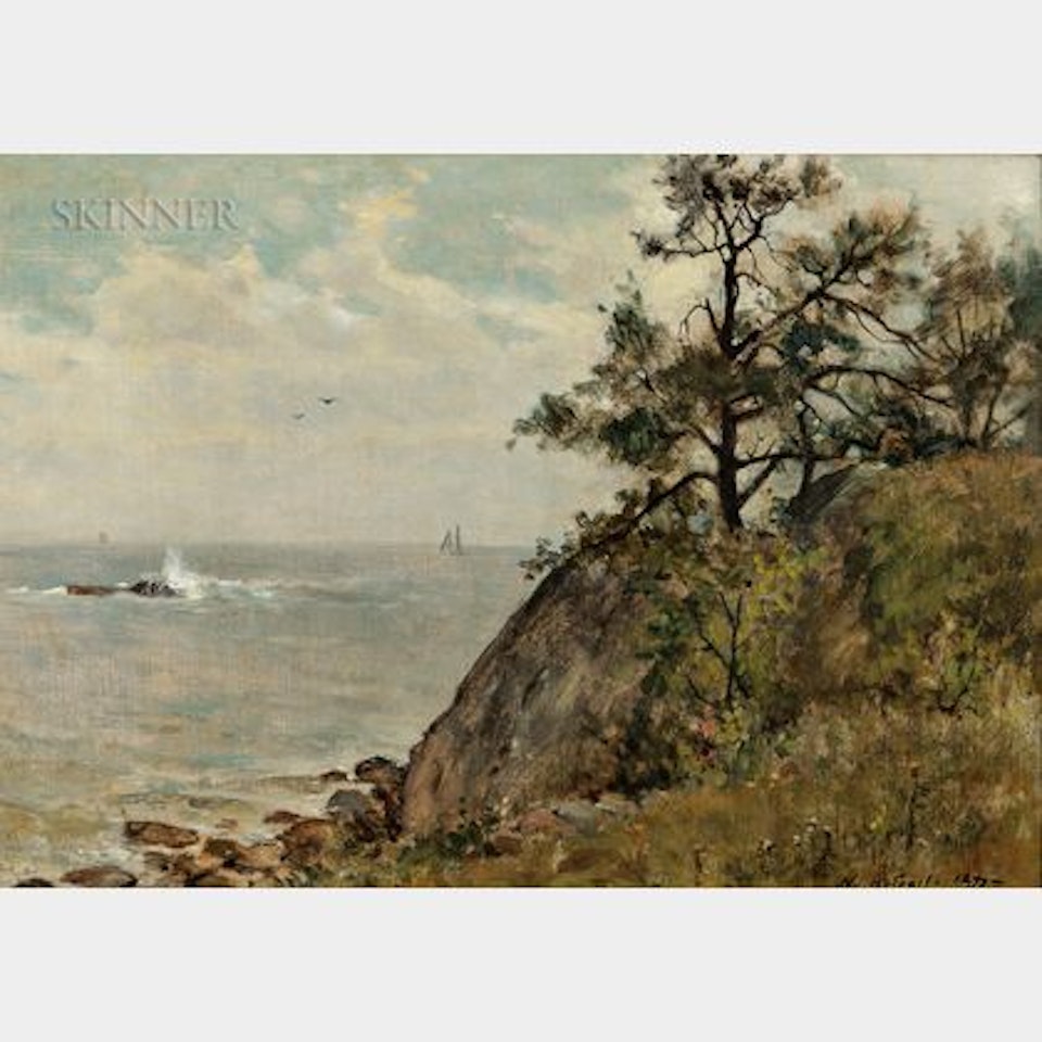 Coastal Cliff with Distant Sailboats, Probably Manchester, Massachusetts by Willard Leroy Metcalf