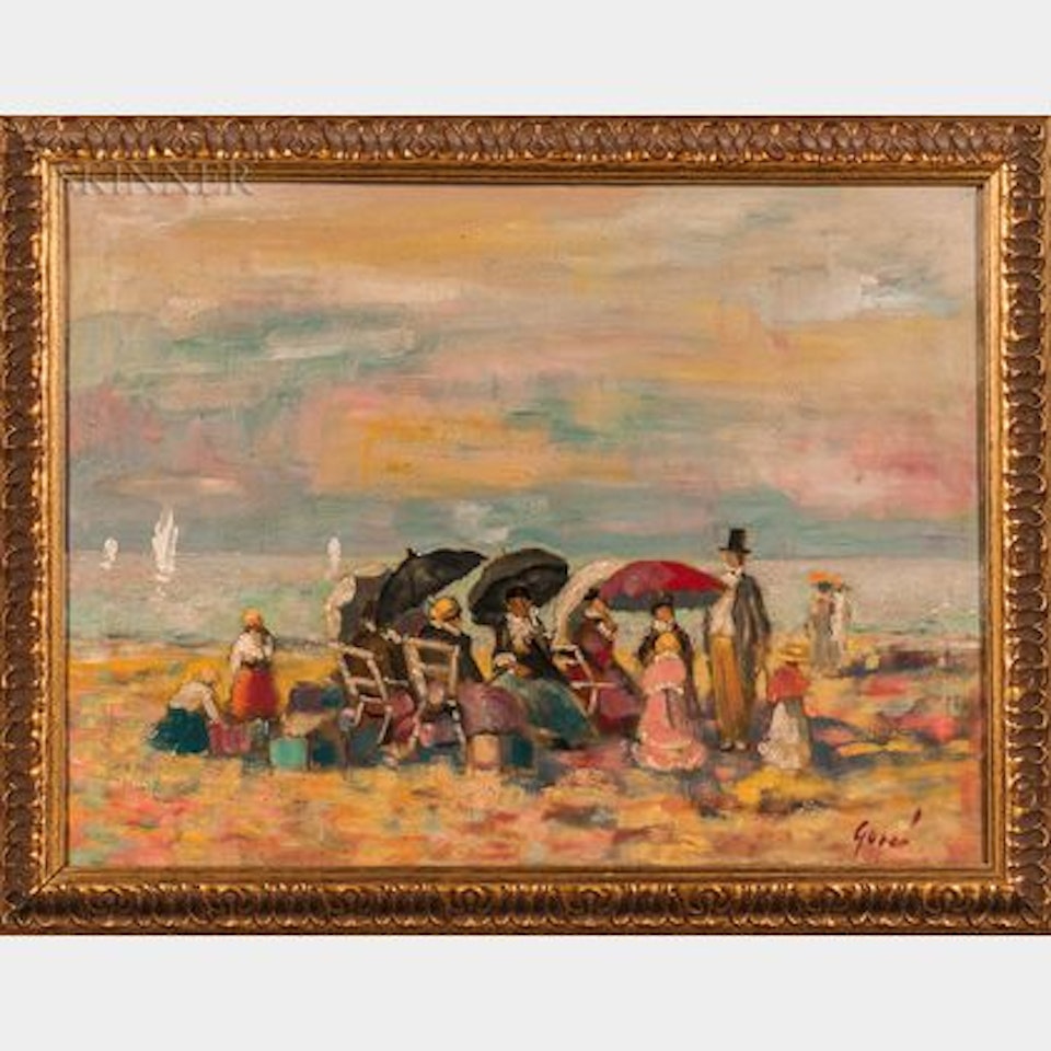 Old-Fashioned Figures Beneath Umbrellas at the Beach by Continental School