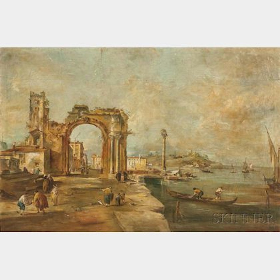 Venetian Capriccio with Travelers and Fisherfolk by Italian School
