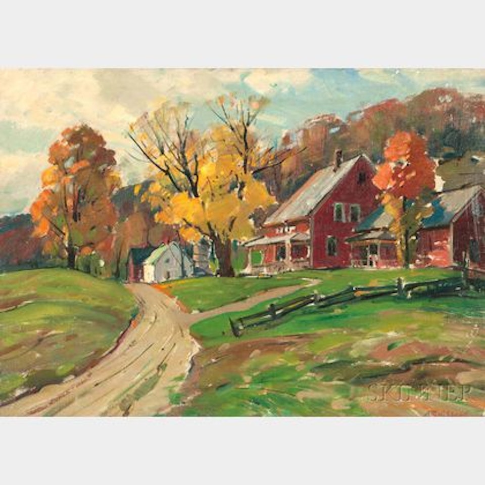 Autumn Landscape with Red Farmhouse by Aldro Thompson Hibbard