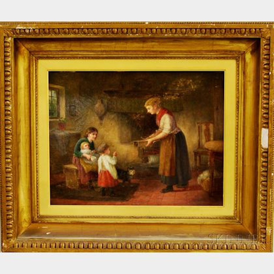 Interior Scene with a Mother and Children by German School