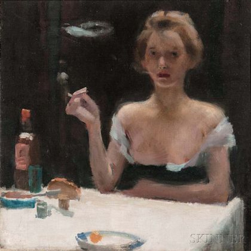 Respite in the Boudoir; Portrait of a Woman in Black and White by Willard Leroy Metcalf