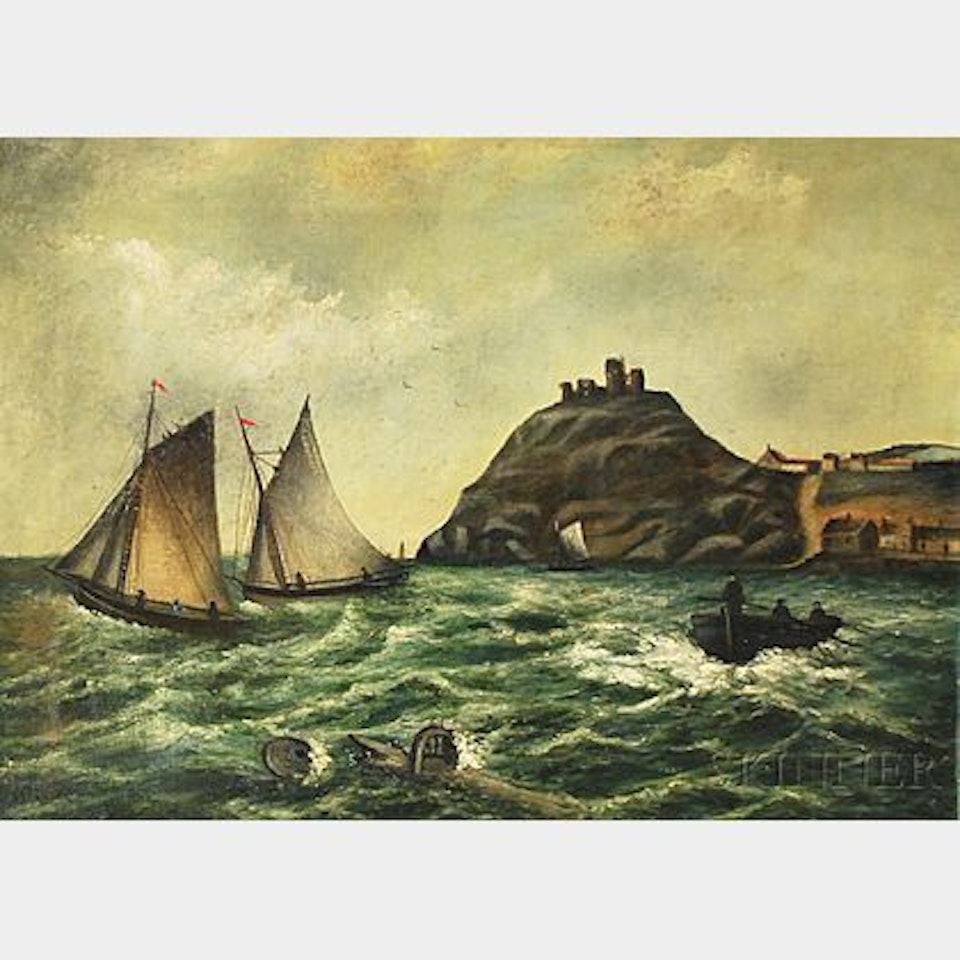 Fishing Boats and Dory Passing a Bluff with a Fortress or Ruins by Continental School