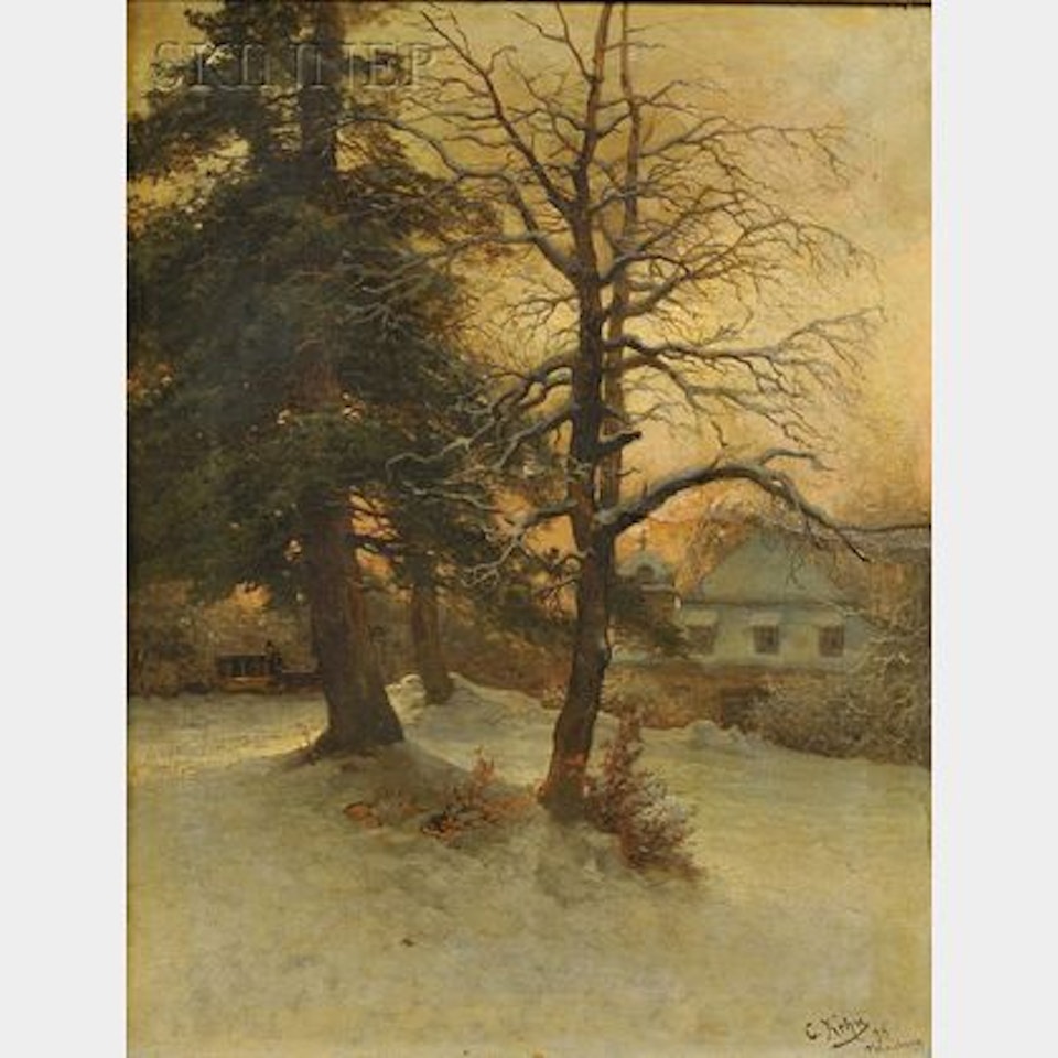 Coach Driving Through a Winter Landscape at Dusk by Continental School