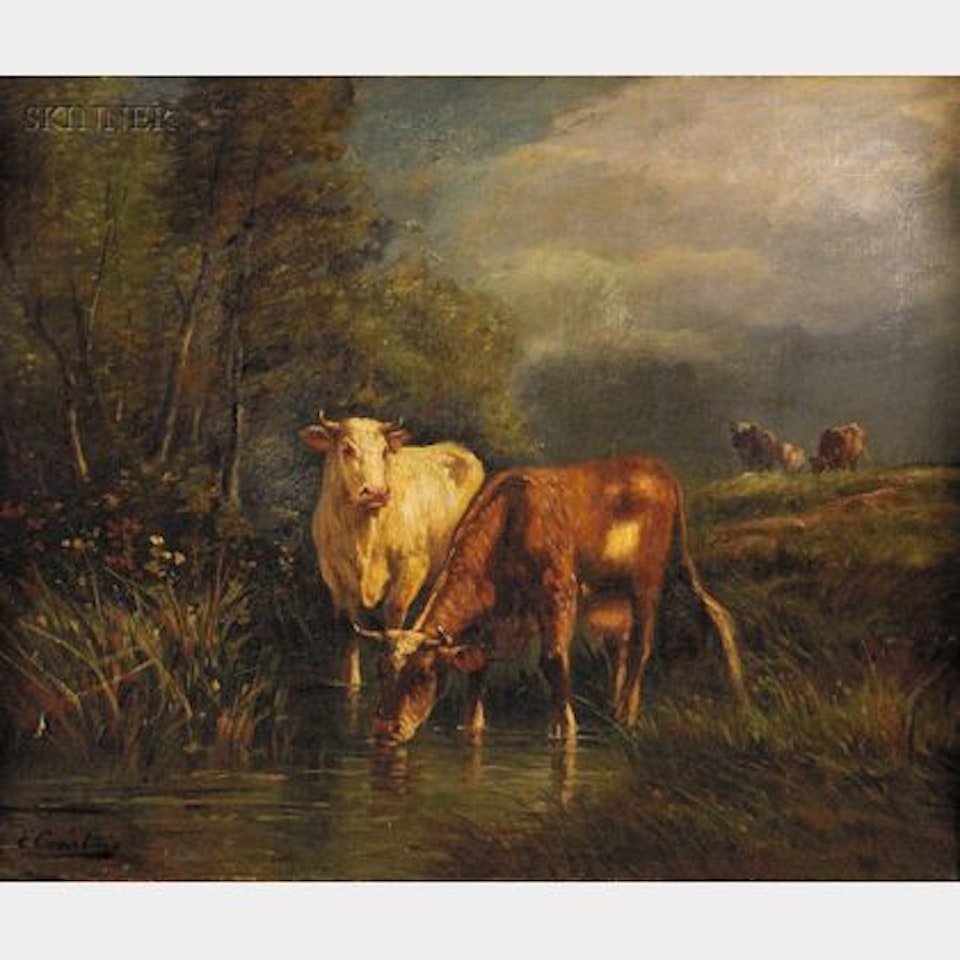 Cows Watering in a Woodland Stream by Continental School