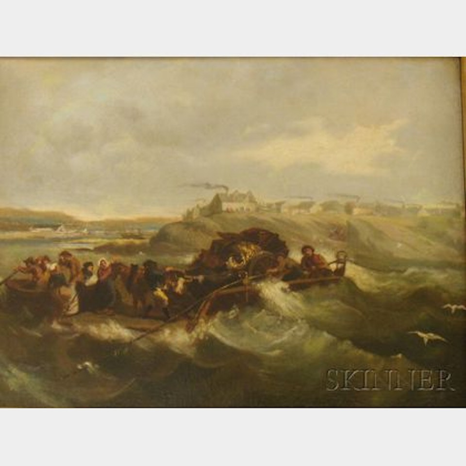 Genre Scene of Figures Pulling a Barge Ashore by Continental School