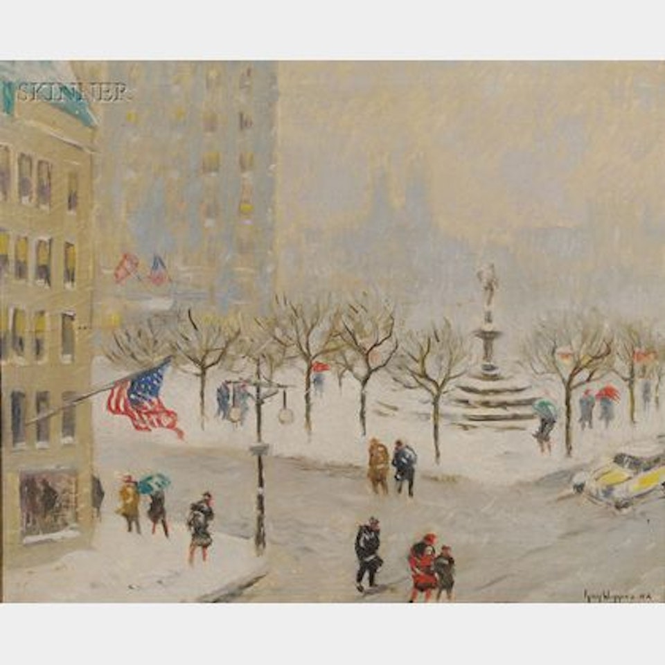 Snow Storm at the Plaza /View of the Pulitzer Memorial Fountain, also called the "Fountain of Abundance" in Grand Army Park, New York by Guy Carleton Wiggins