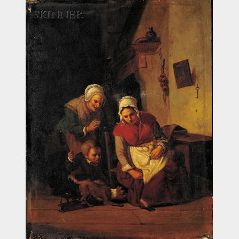 Lot of Two Works: Kitchen Scene and Riverbank with Figures in a Rowboat; Kitchen; Riverbank by Continental School