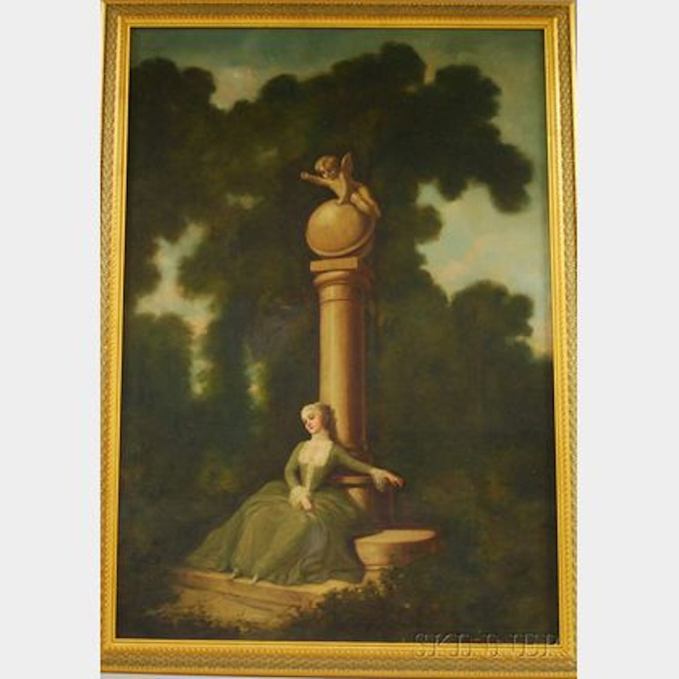 Daydreaming Woman Beside Cupid"s Column by Continental School