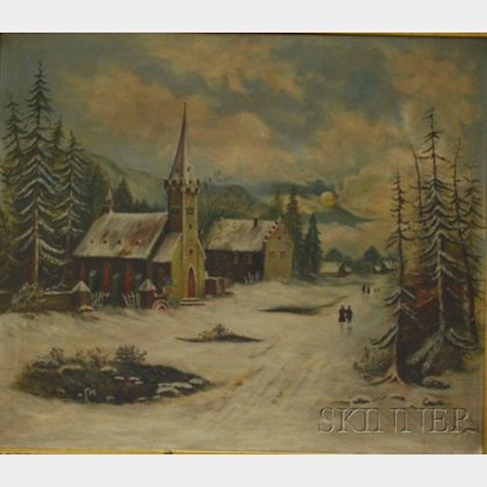 Winter Scene with Village Church. by Continental School