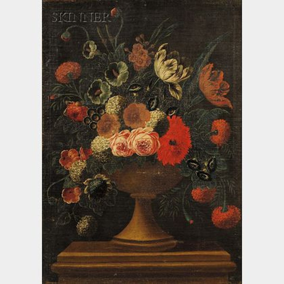 Formal Floral Still Life with Hydrangea, Tulips, and Roses by Flemish School