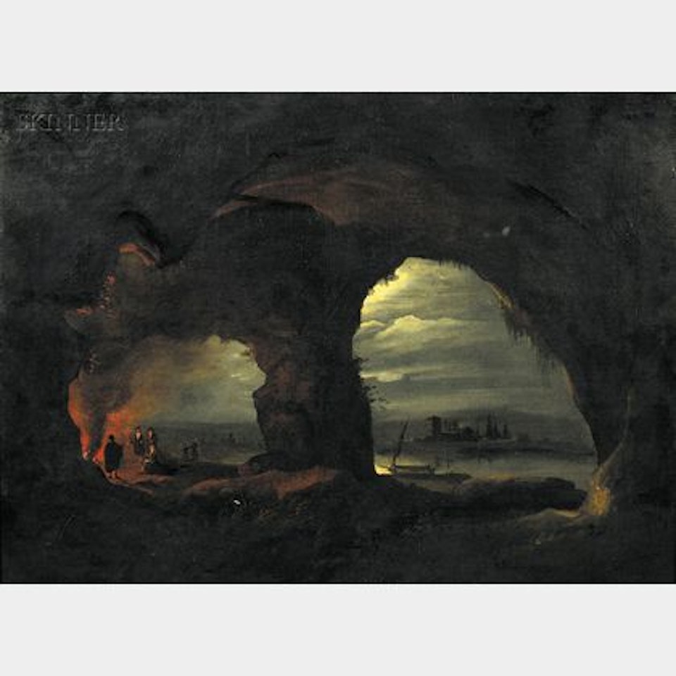 Night Camp in a Grotto by the Sea by Italian School