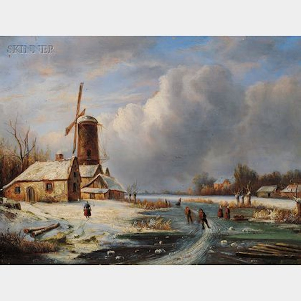 Skaters Before a Windmill by Dutch School