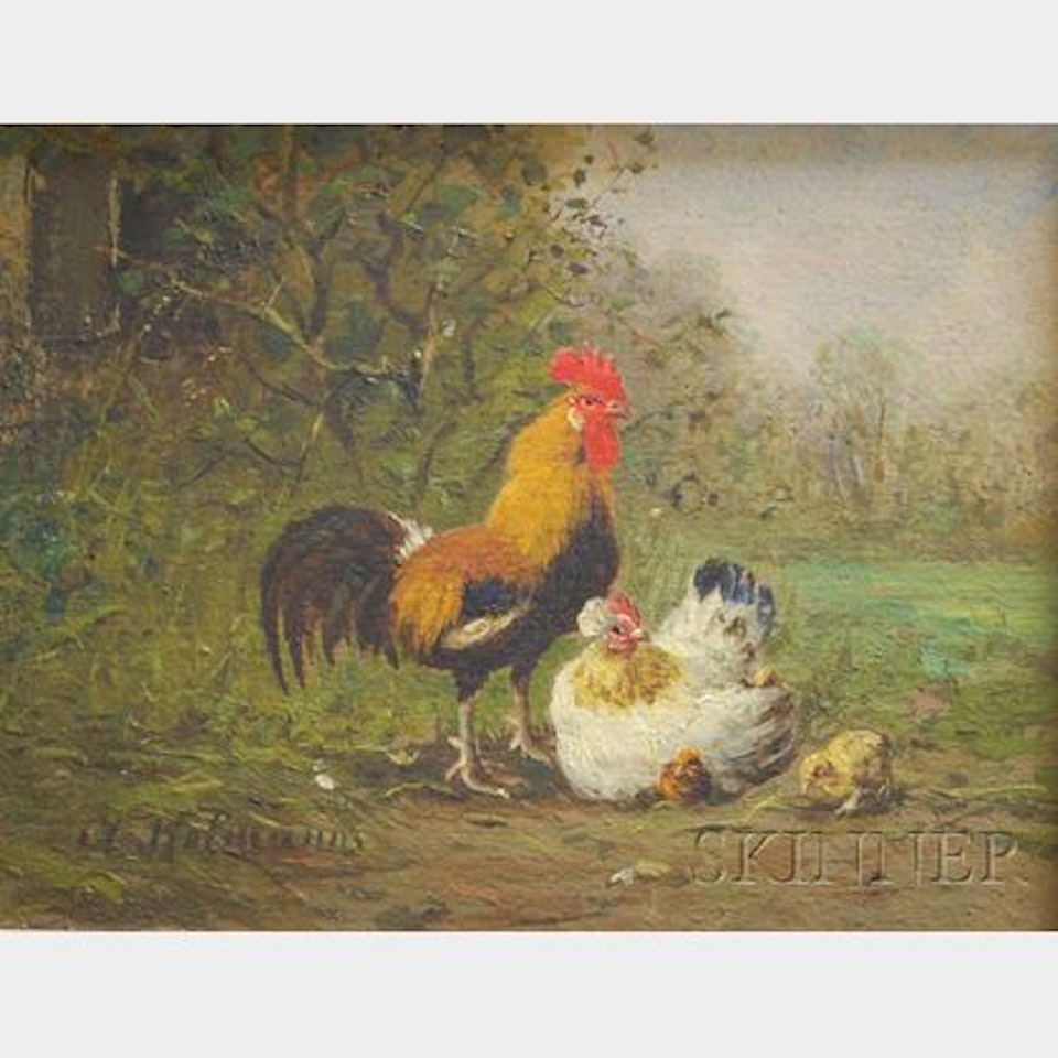 View of Hen, Rooster, and Chicks by Continental School