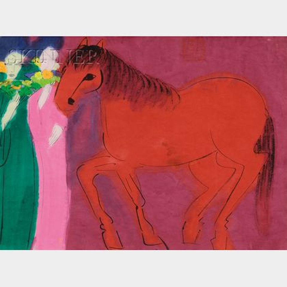 Portrait of Two Beauties with a Red Horse by Walasse Ting