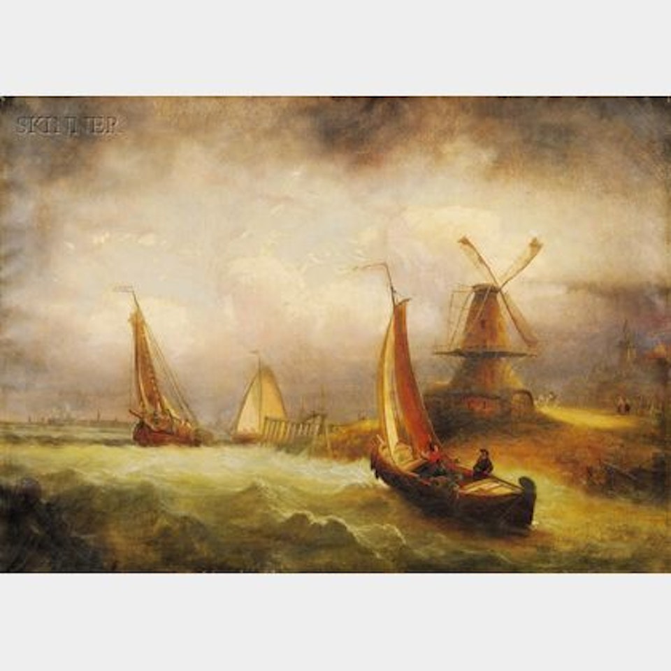 Ketches and Coastal Craft in a Bluster, with a Windmill by Dutch School