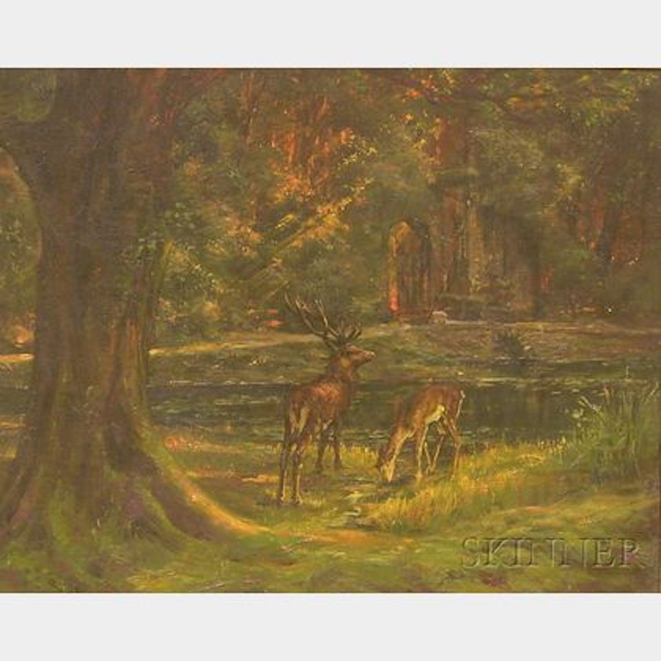 Cerfs à l"abreuvoir [Deer Drinking at a Stream]. by French School
