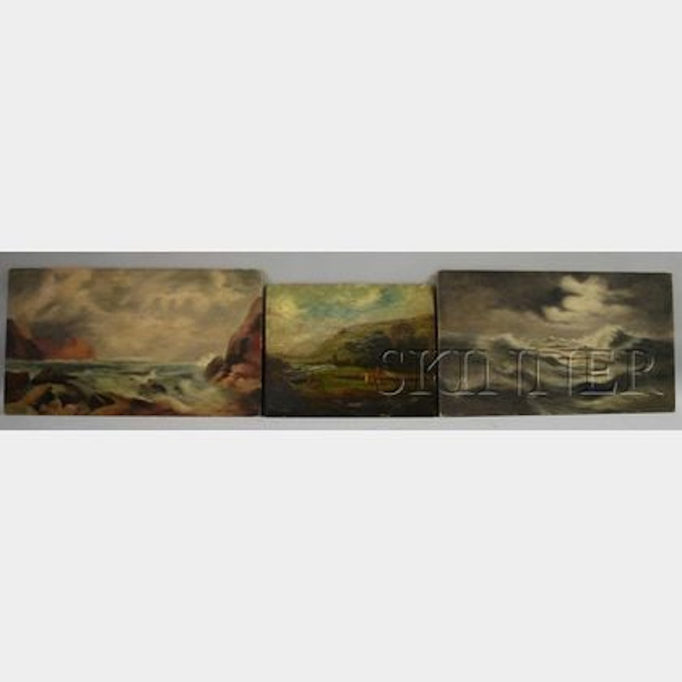 Lot of Three Works; Bathers in a Stream; Open Sea; Crashing Waves at the Shore by Continental School