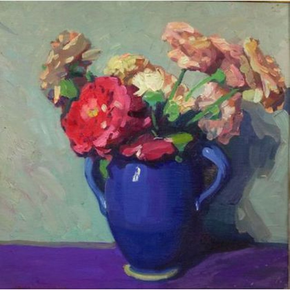 Pink Zinnias in a Blue Jug by Jane Peterson