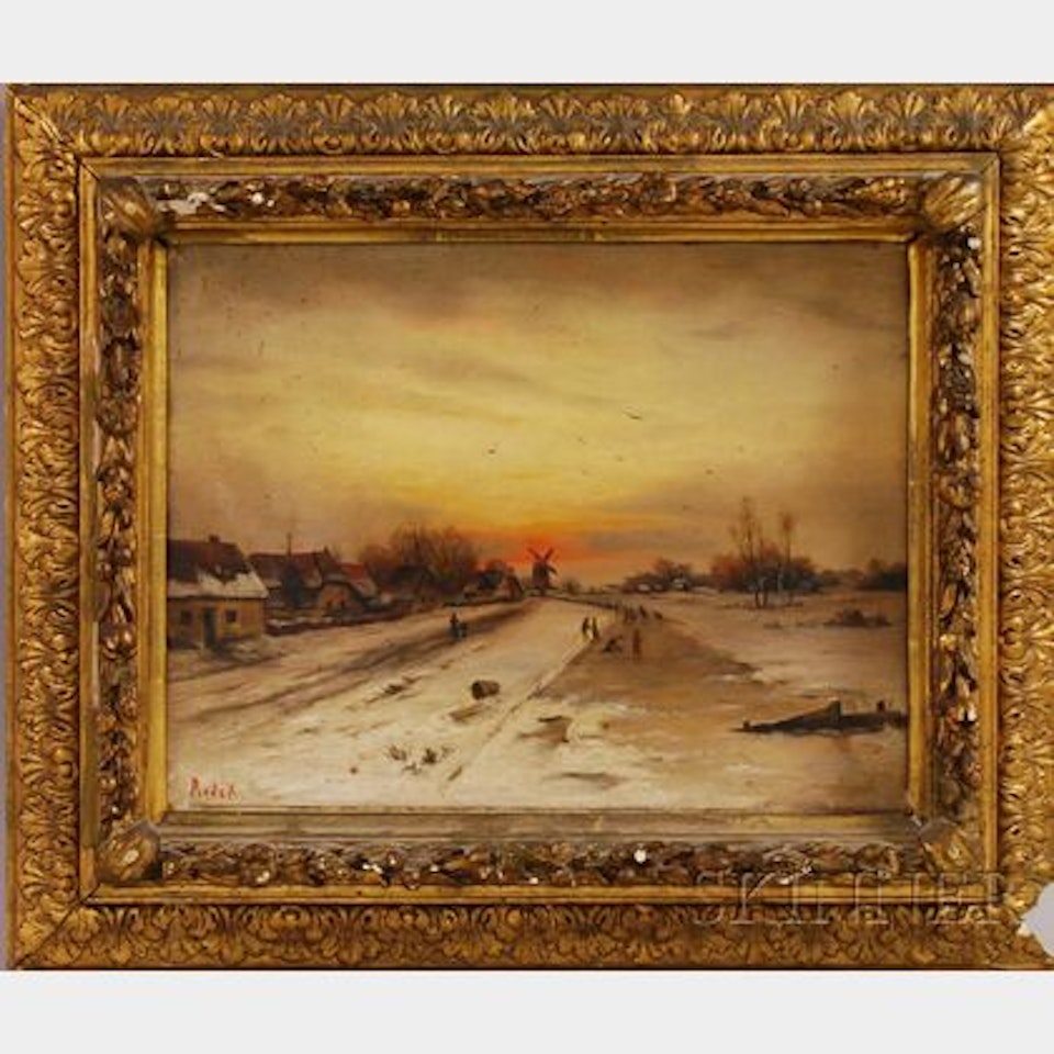 Two Dutch Winter Scenes; Scene at Dusk by a Windmill; Winterlandschap by Continental School