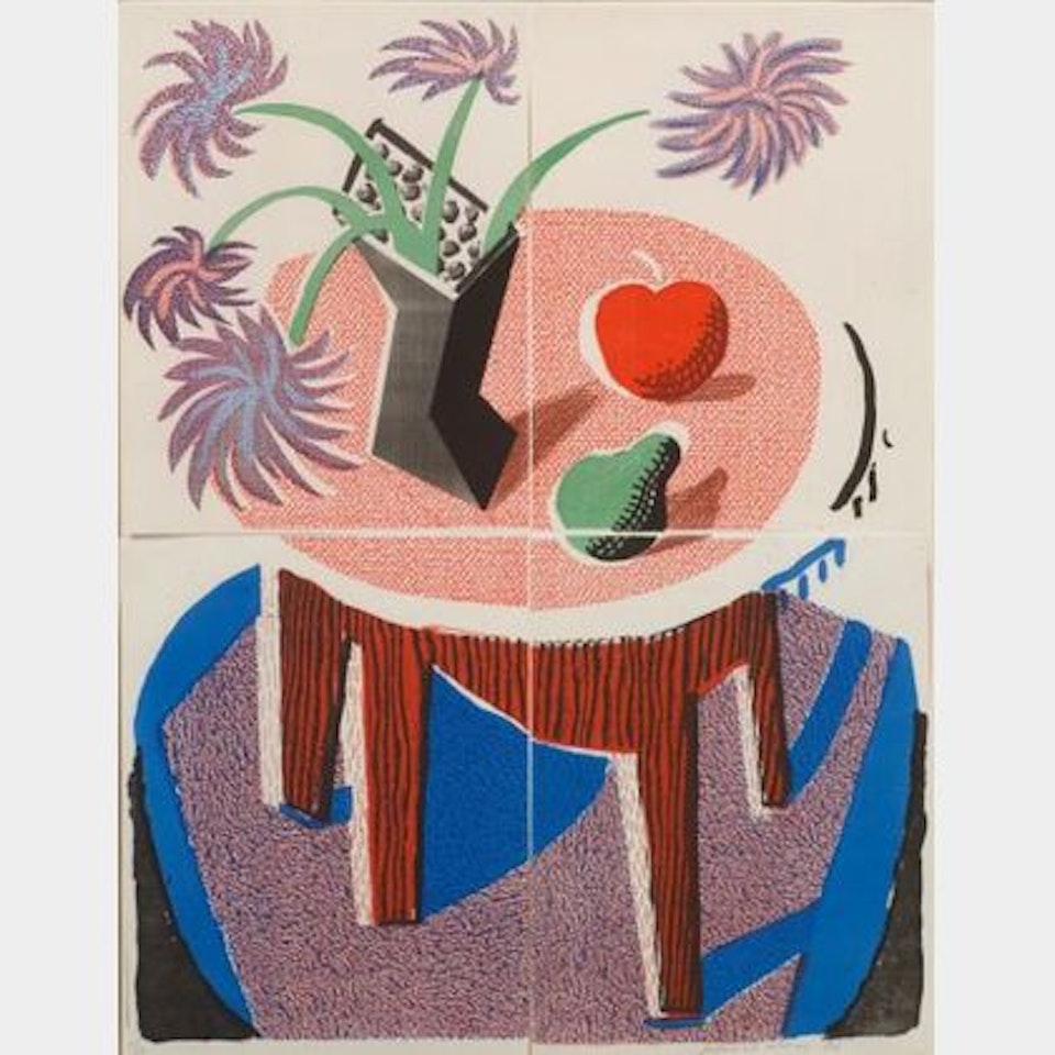 Flowers, Apple and Pear on a Table by David Hockney