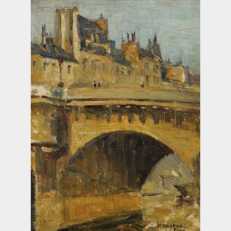 Lot of Three European Landscapes; Alpine Lake with Boats; Canal Scene with Houseboats; Paris View by Continental School