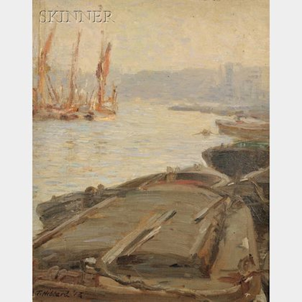 View of Barges and Sailboats in a Harbor by Aldro Thompson Hibbard