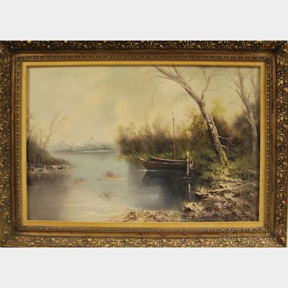 Lakeshore with Distant Snow-capped Mountains by German School