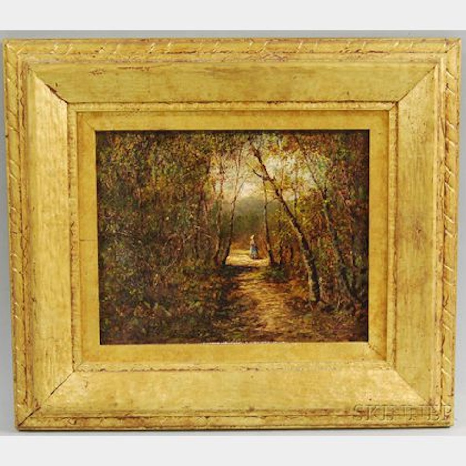 Barbizon-style View of a Figure on a Wooded Path by Continental School