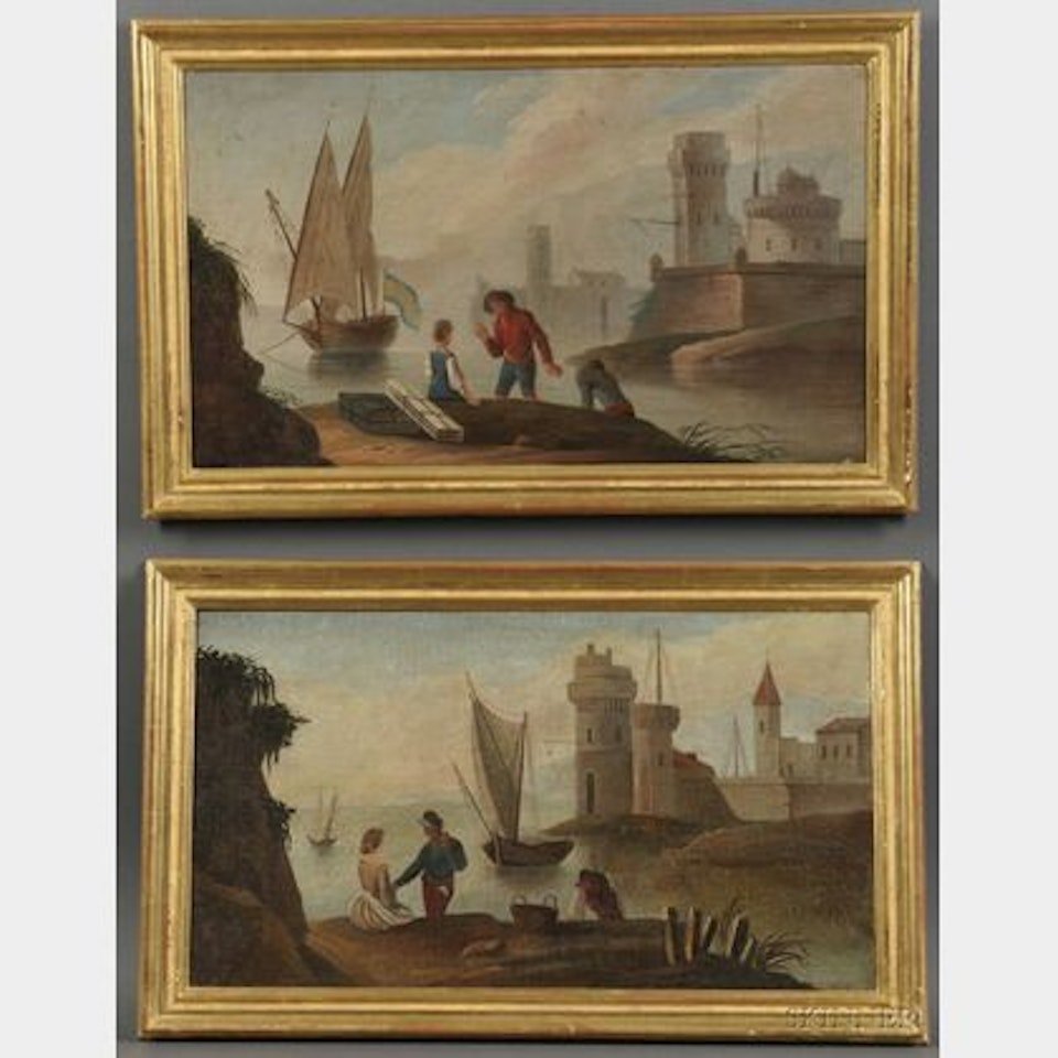 Two Works Depicting Travelers in Coastal Towns by Continental School