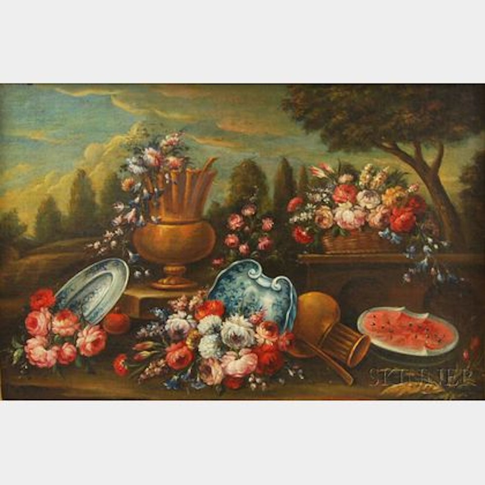 Still Life with Flowers, Fruit, and Porcelain in a Landscape by Continental School