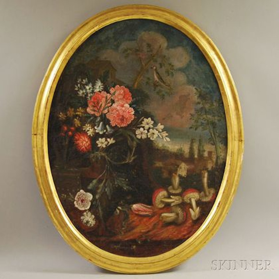 Floral Still Life with Mushrooms, a Bird, and Distant Landscape by Continental School