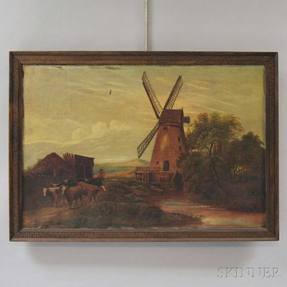 Driver with Cattle by a Windmill. by Continental School