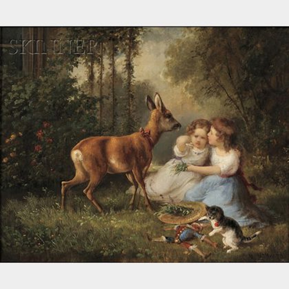 Two Children with a Pet Fawn by German School