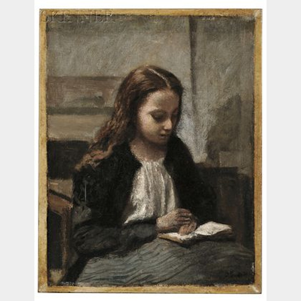 Jeune fille assise lisant, les cheveux sur les épaules by Jean Baptiste Camille Corot