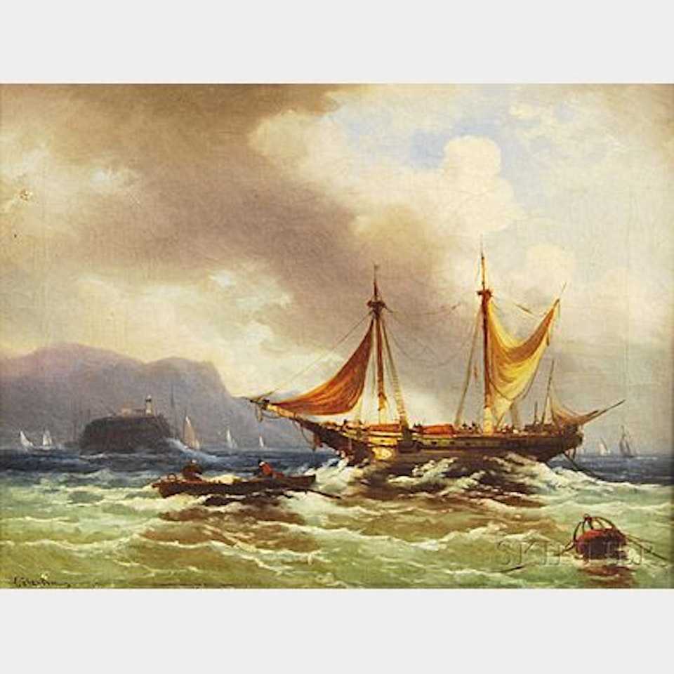 Ship at Rest in Choppy Sea by German School