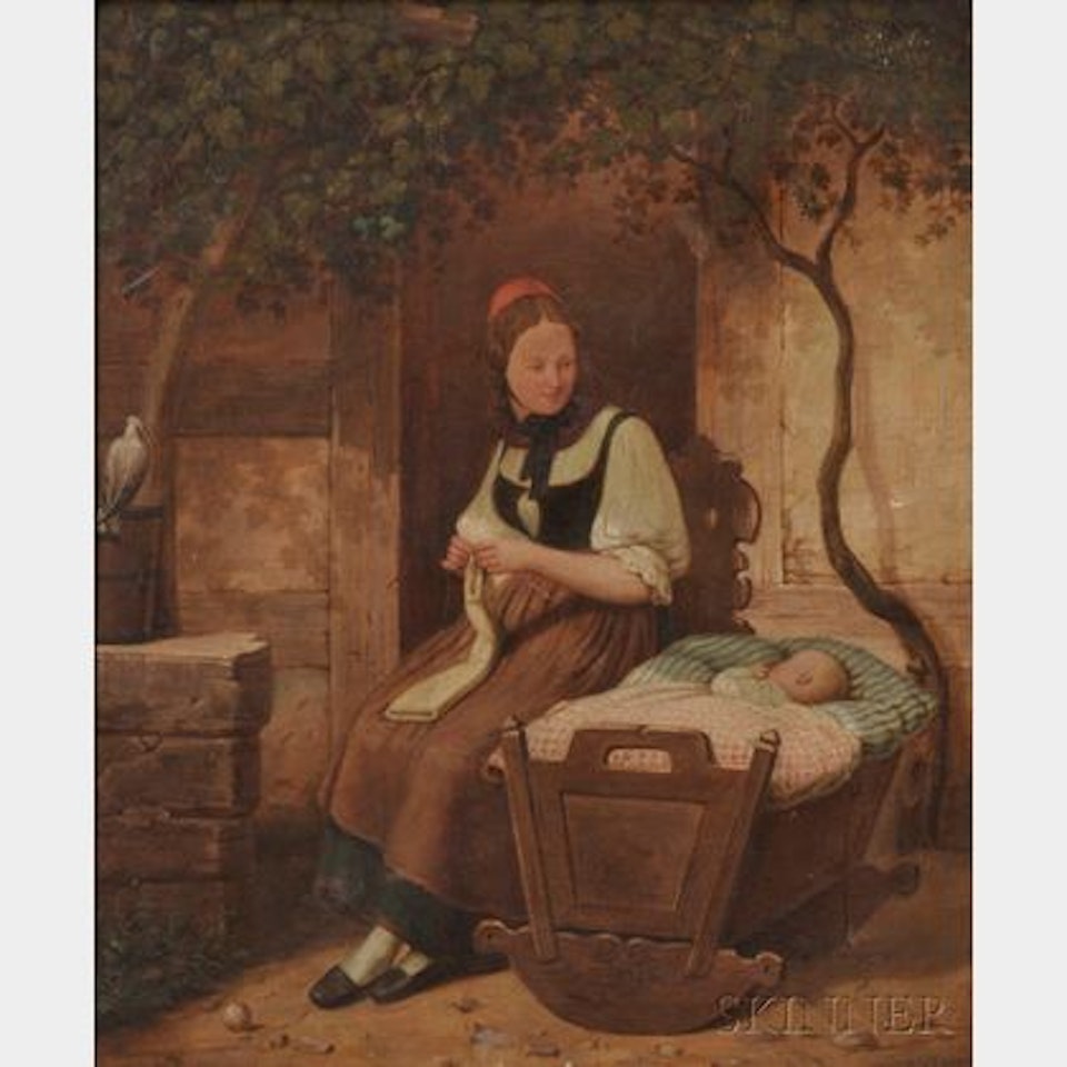 Young Mother Knitting Beside a Napping Baby by Continental School