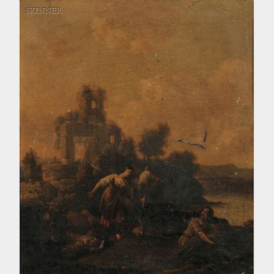 Peasants with Livestock Amidst Classical Ruins by French School