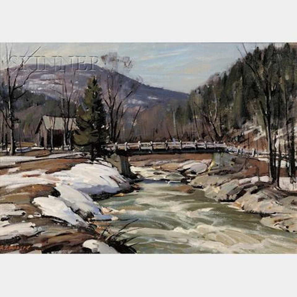 Winter Landscape with River and Bridge by Aldro Thompson Hibbard