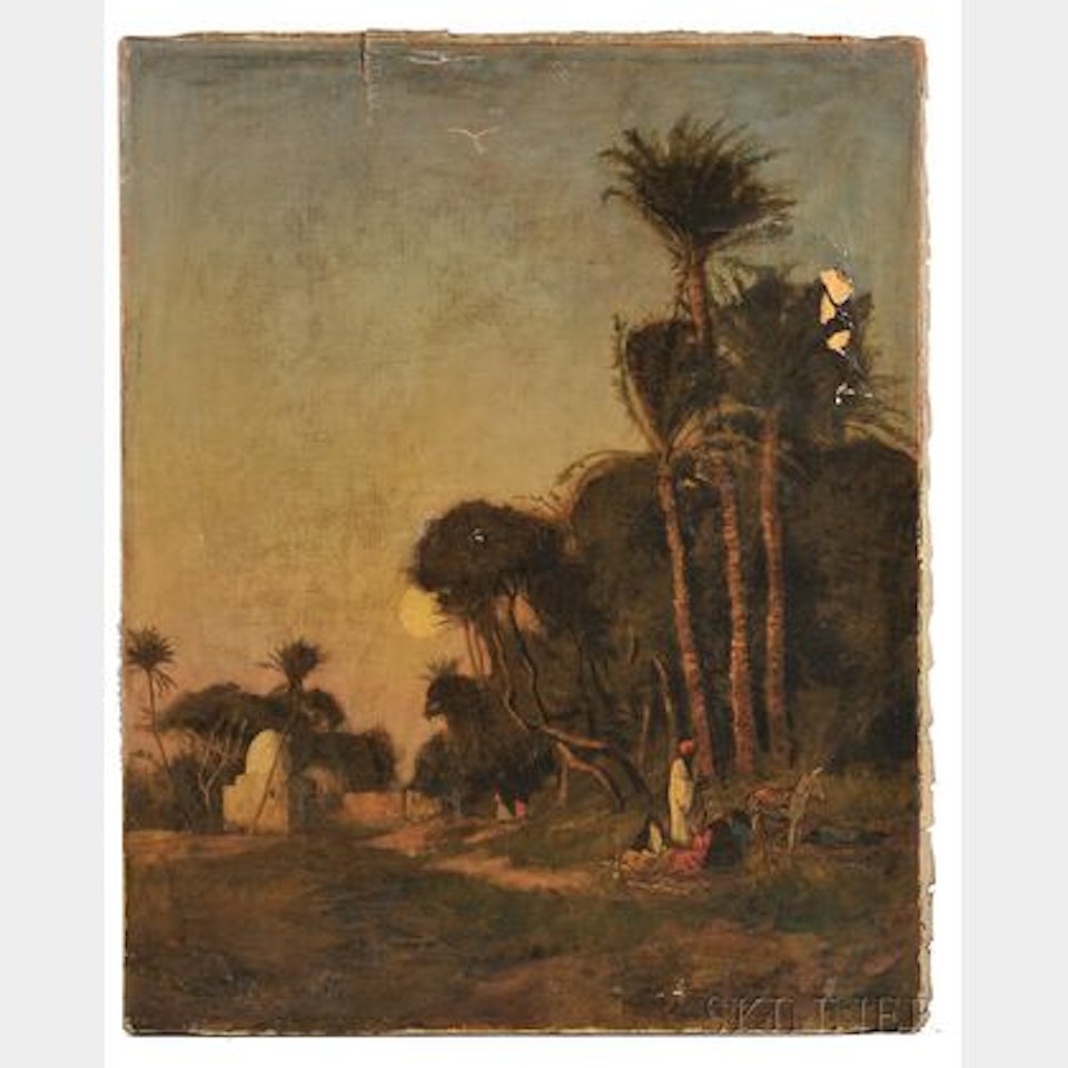 Orientalist Landscape with Figures Resting Under a Palm Tree by Edwin Lord Weeks