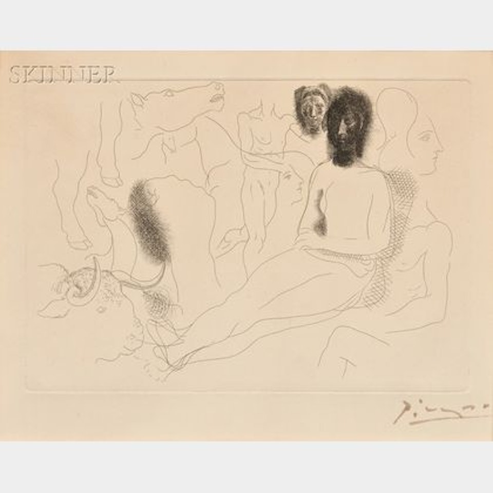 Nu assis entouré d"esquisses de bêtes et d"hommes; LE CHEF D"OEUVRE INCONNU by Pablo Picasso