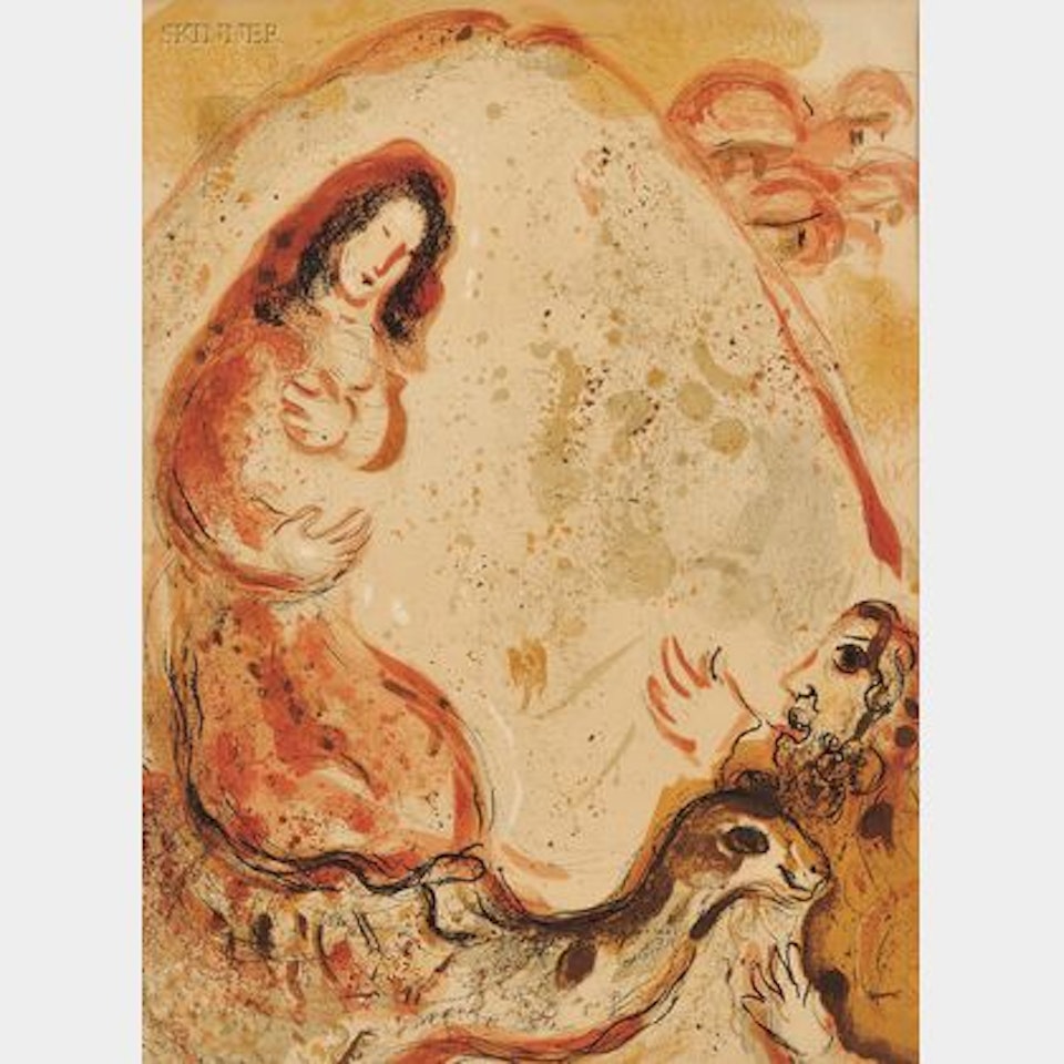 Two Images from the DESSINS POUR LA BIBLE Series; Adam et Eve chassés du Paradis terrestre and Rachel dérobe les Idoles de son Père by Marc Chagall