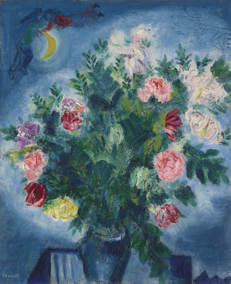 Bouquet de fleurs avec amoureux by Marc Chagall